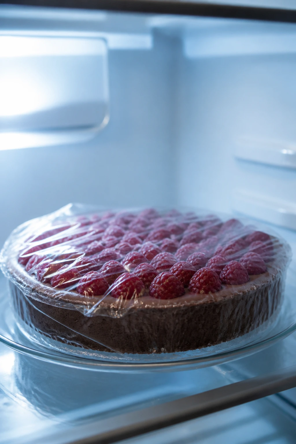 Wrapped tart in fridge indicating make-ahead storage