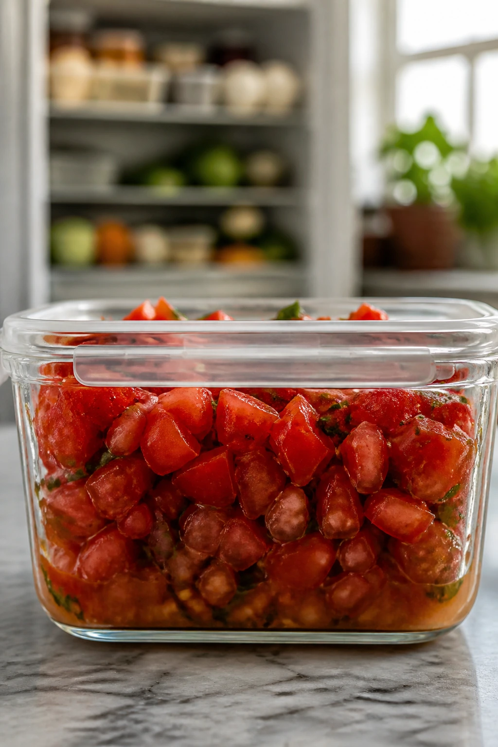 Close-up of tomato topping in an airtight container on a kitchen counter, suggesting make-ahead storage.