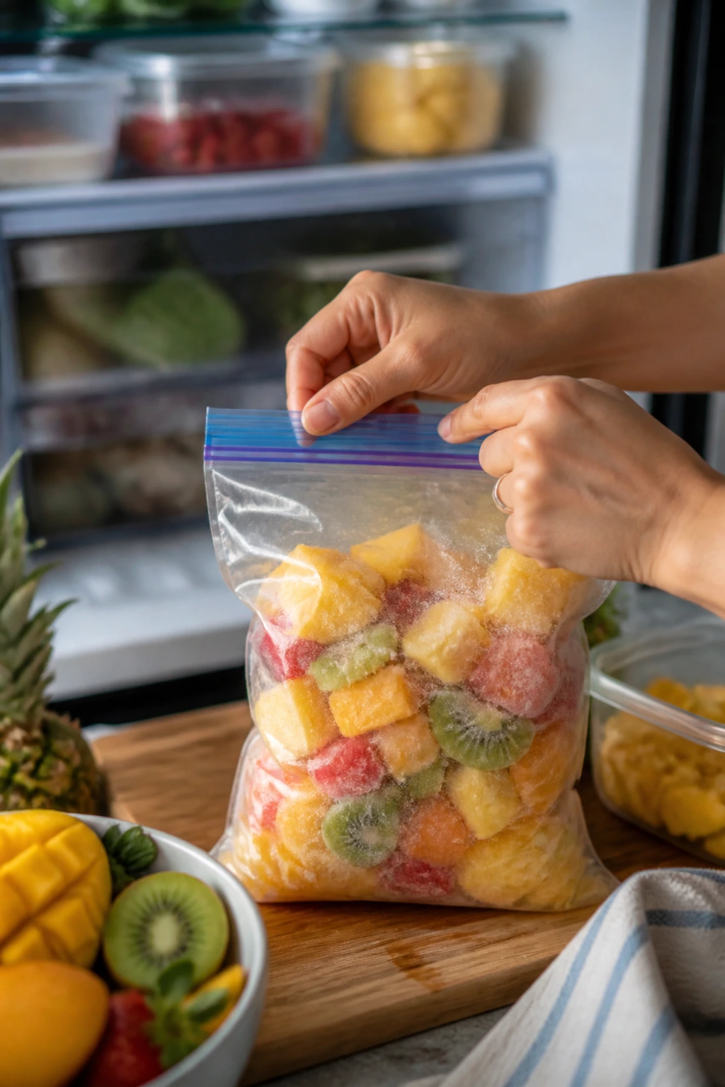 Close-up of hands sealing frozen tropical fruit in a bag for make-ahead prep, fridge in background