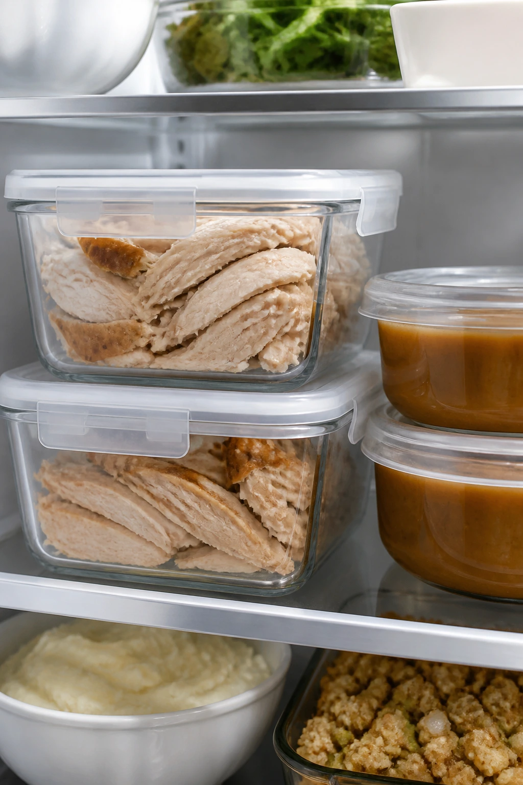 A fridge with turkey and separate gravy stored in containers