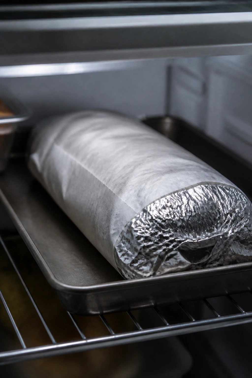 Parcment-wrapped Wellington log stored in fridge