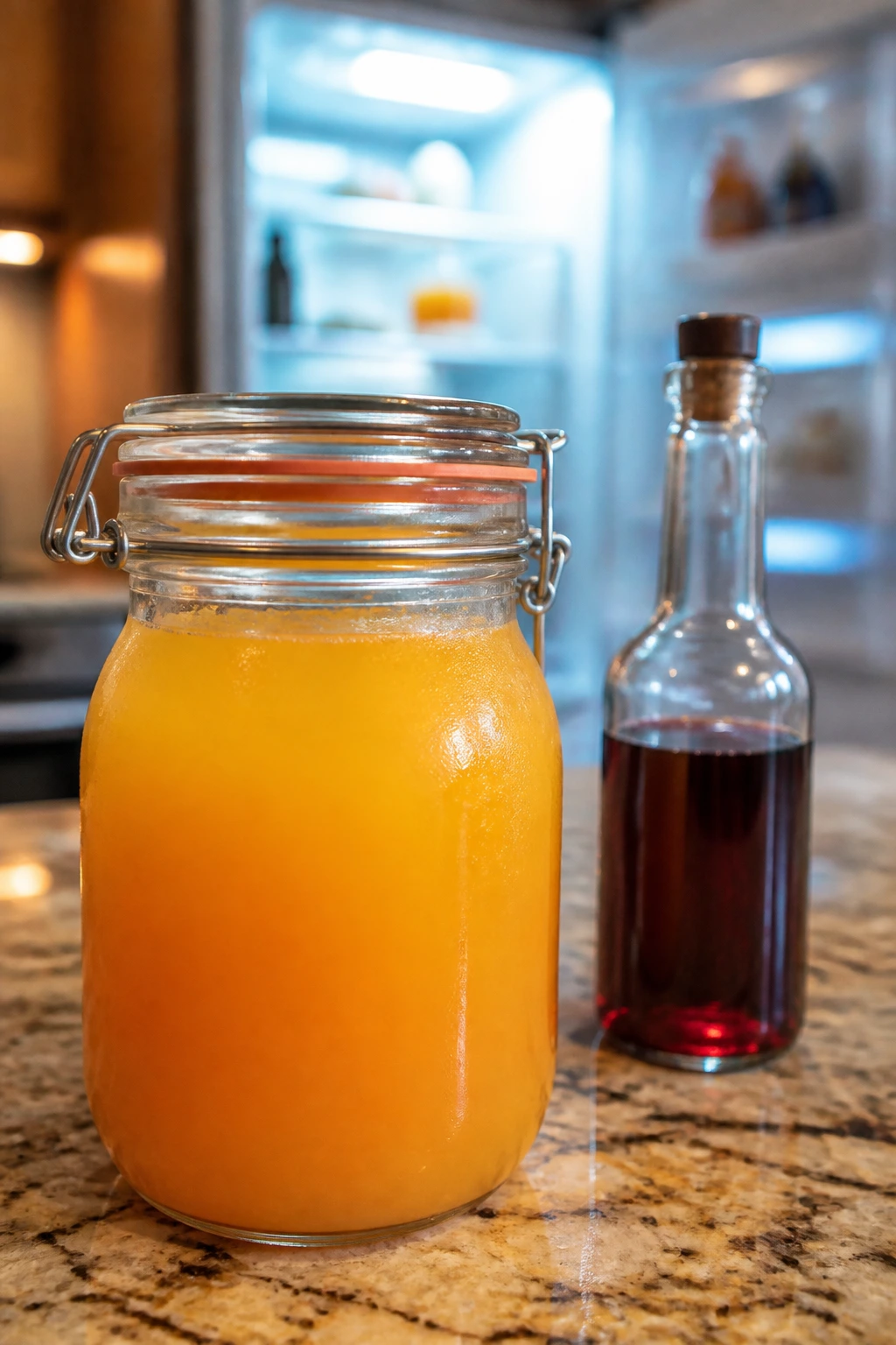 Jar of Malibu Sunrise mix chilling on a kitchen counter with a frosted fridge.