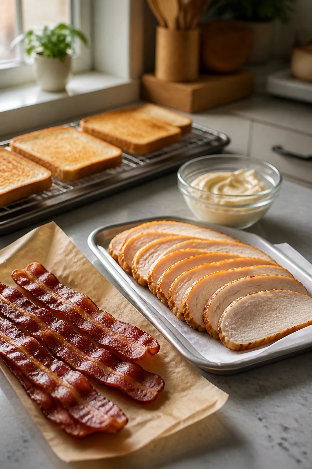 Kitchen prep scene with bacon, turkey, and mayo for make-ahead turkey club