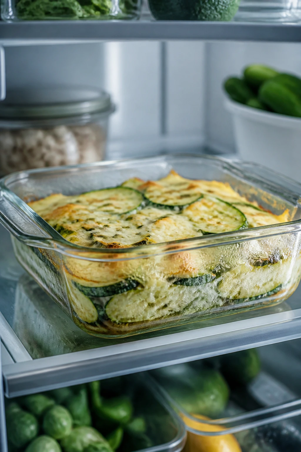 Zucchini bake in fridge in a glass dish for make-ahead storage.