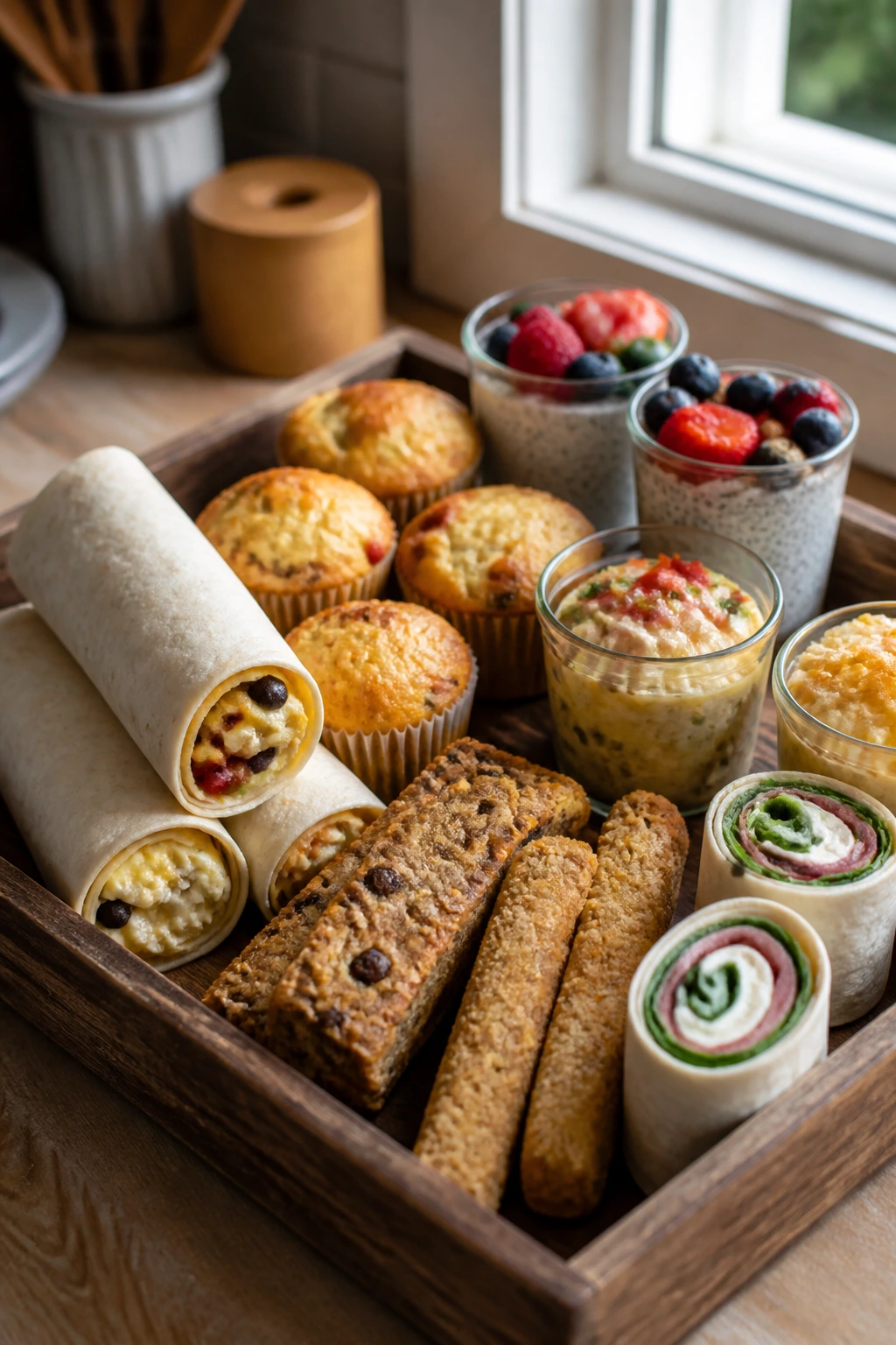 Close-up of a wooden tray with assorted handheld breakfasts for busy school mornings.