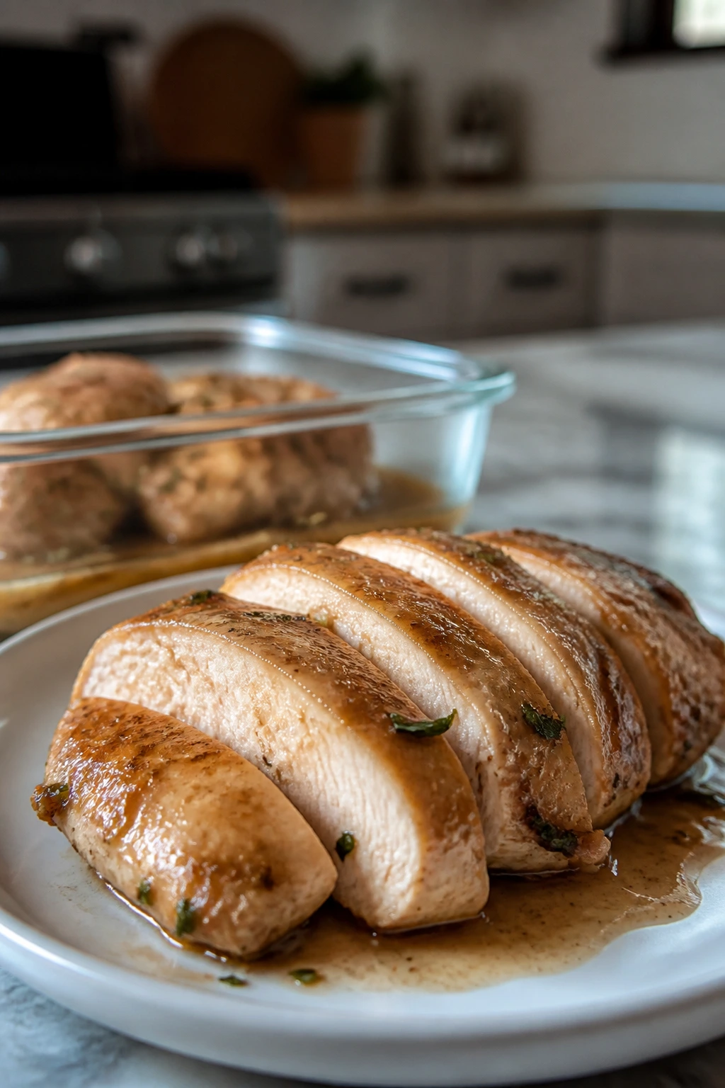 Reheated chicken breast plated with a glossy finish