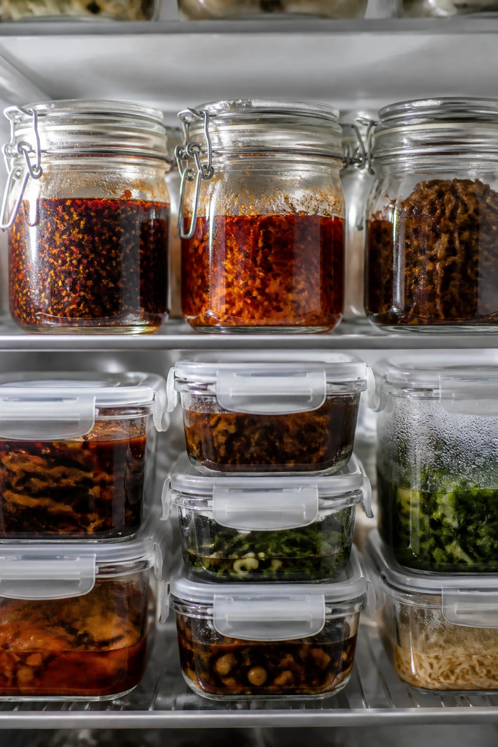 Glass jars and containers for make-ahead sauces arranged on a fridge shelf.