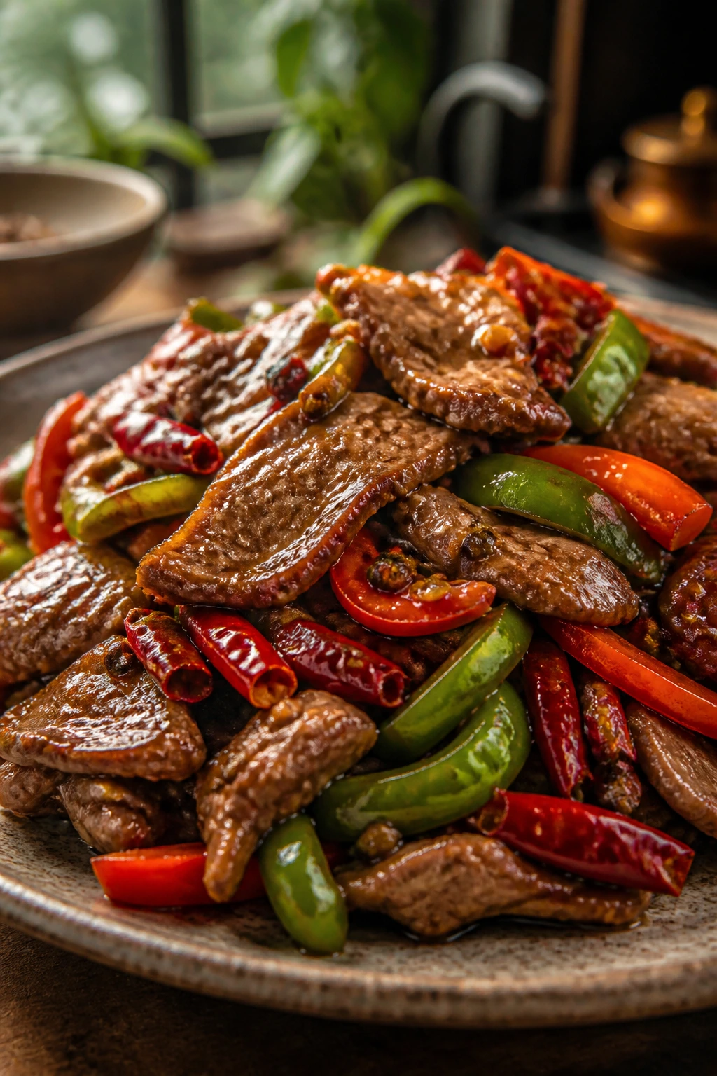 Mala Beef Stir-Fry in glossy sauce on a plate