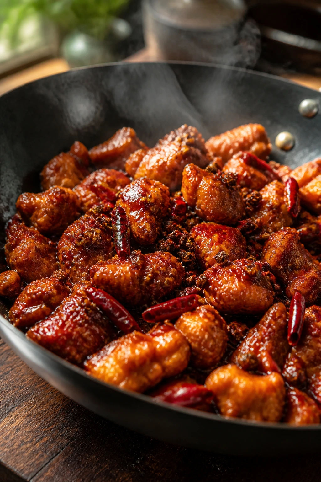 Close-up of mala chicken with chiles and Sichuan peppercorns in glossy sauce