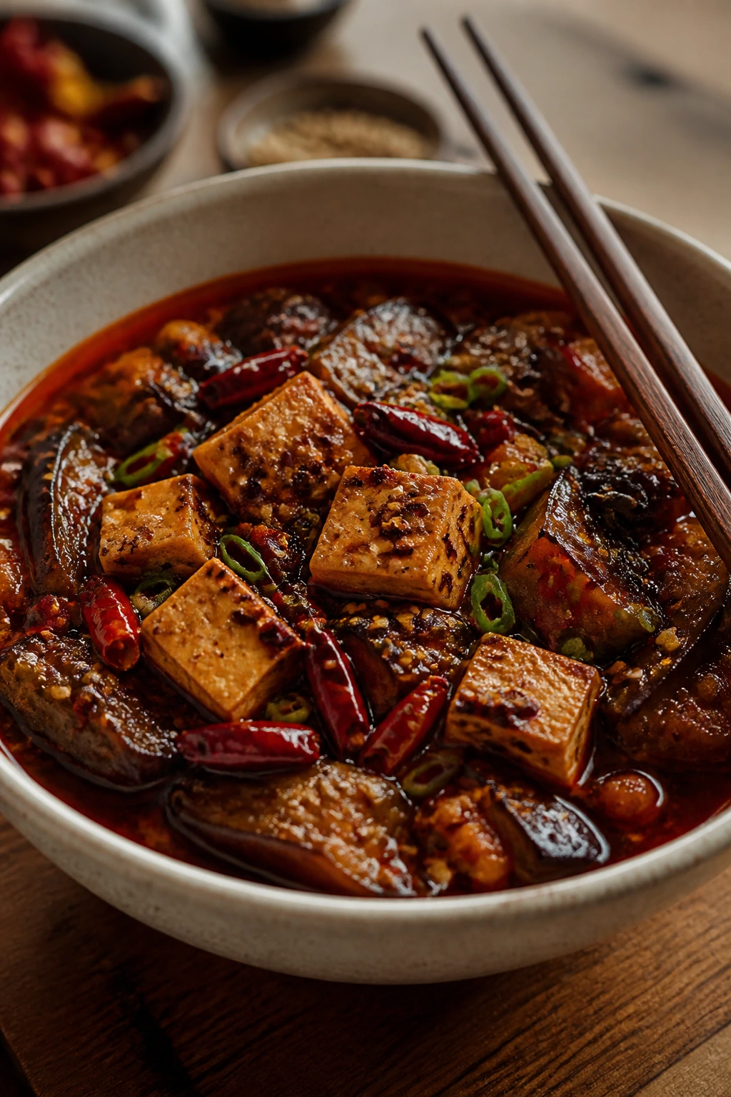 Mala fire bowl with tofu and eggplant in spicy red sauce
