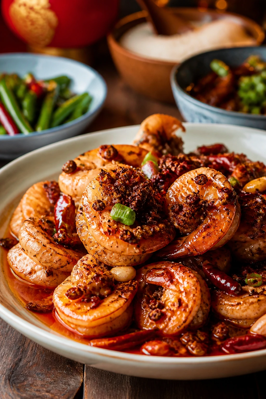 Close-up of mala shrimp on a plate with red oil
