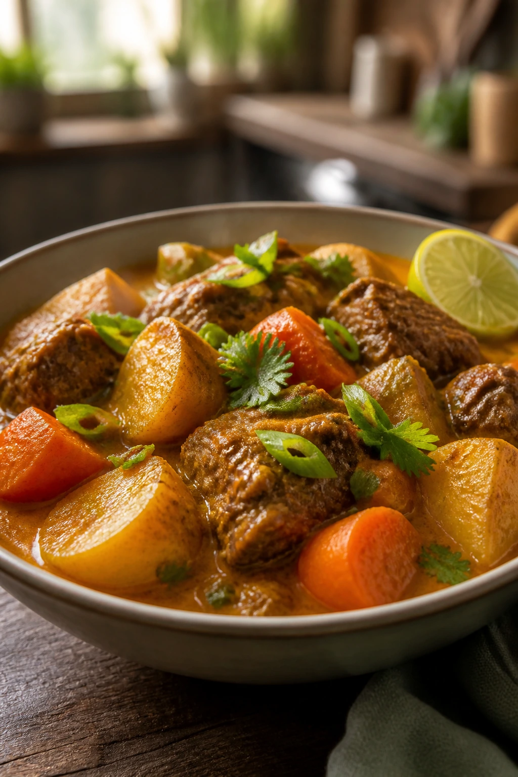 Close-up view of Malaysian curry beef with potatoes and carrots in coconut milk