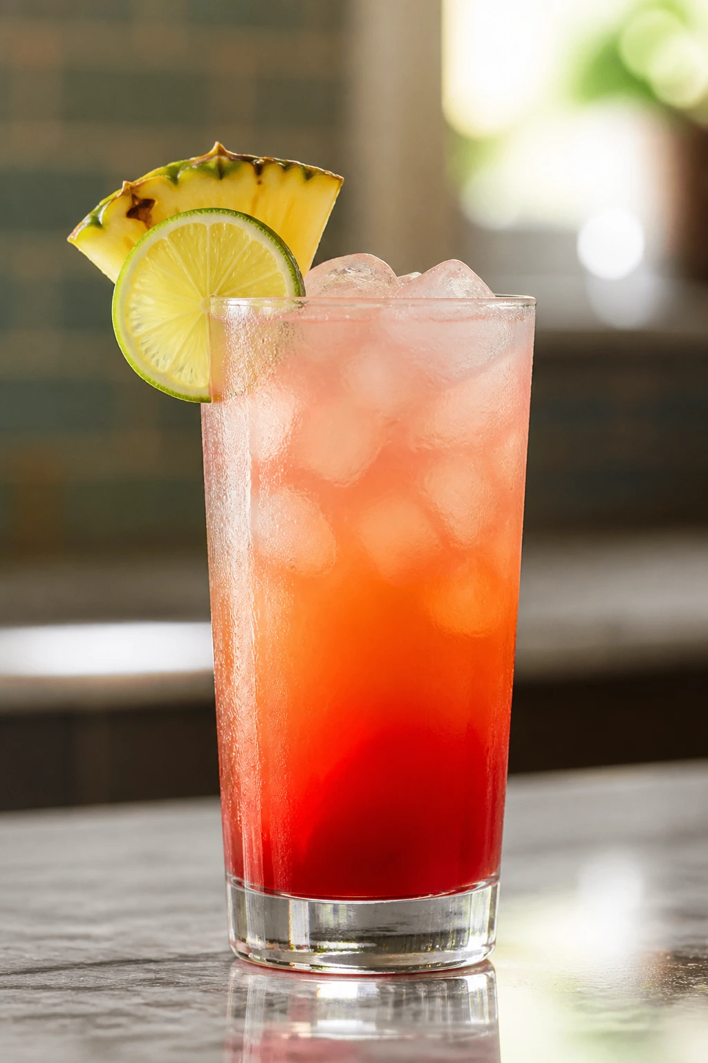 Finished Malibu Bay Breeze in a tall glass with pineapple and lime garnish