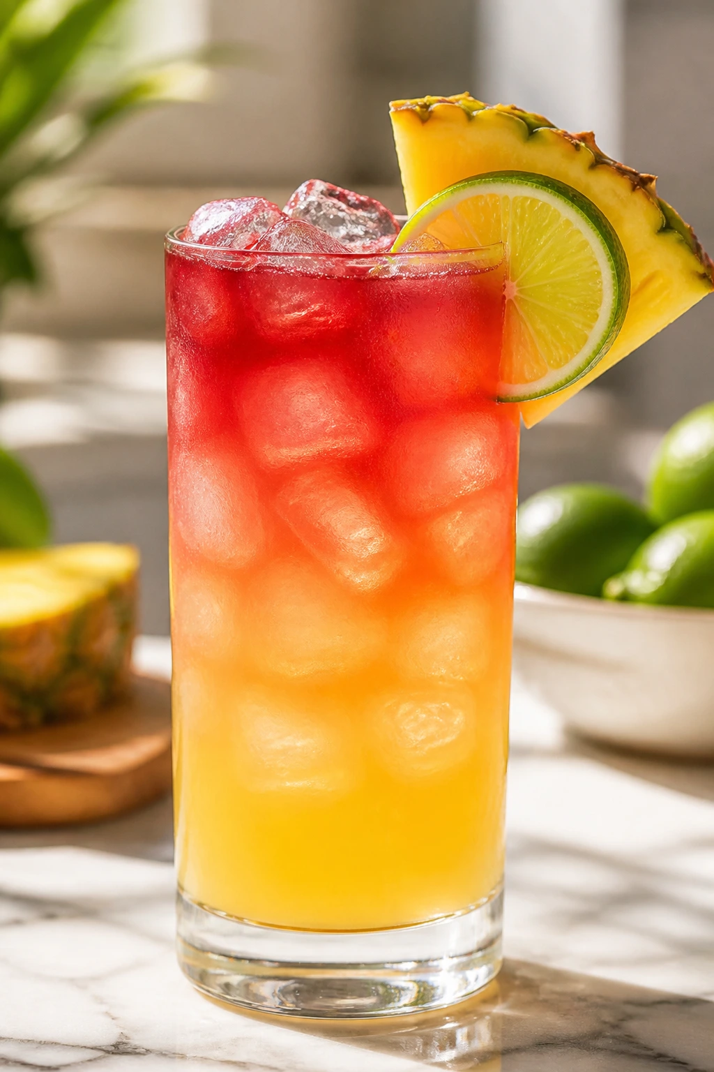 Highball glass with Malibu Bay Breeze ingredients and pineapple wedge garnish on a sunny kitchen counter.