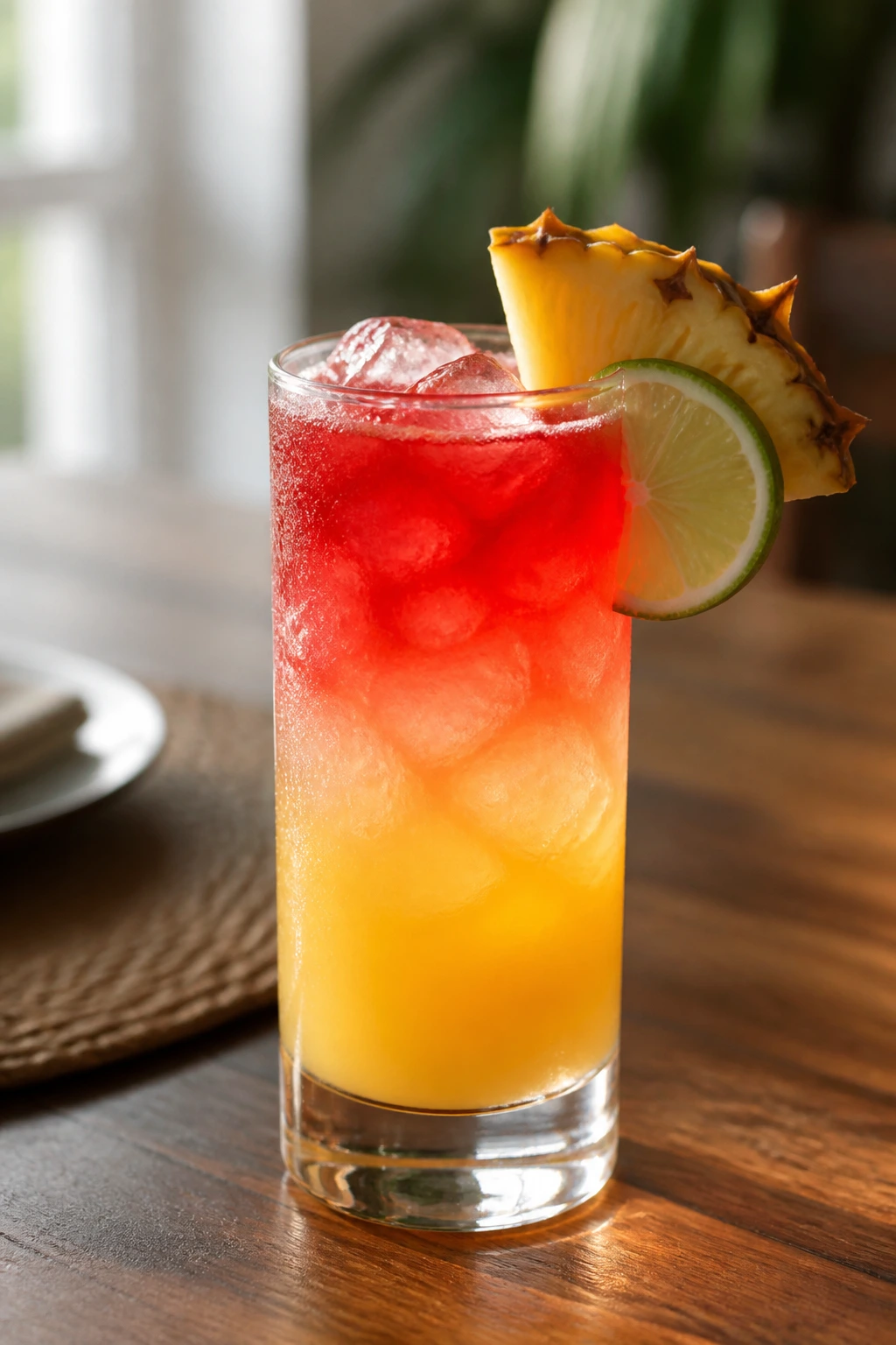 Chilled Malibu Bay Breeze in a highball glass with pineapple and lime garnish