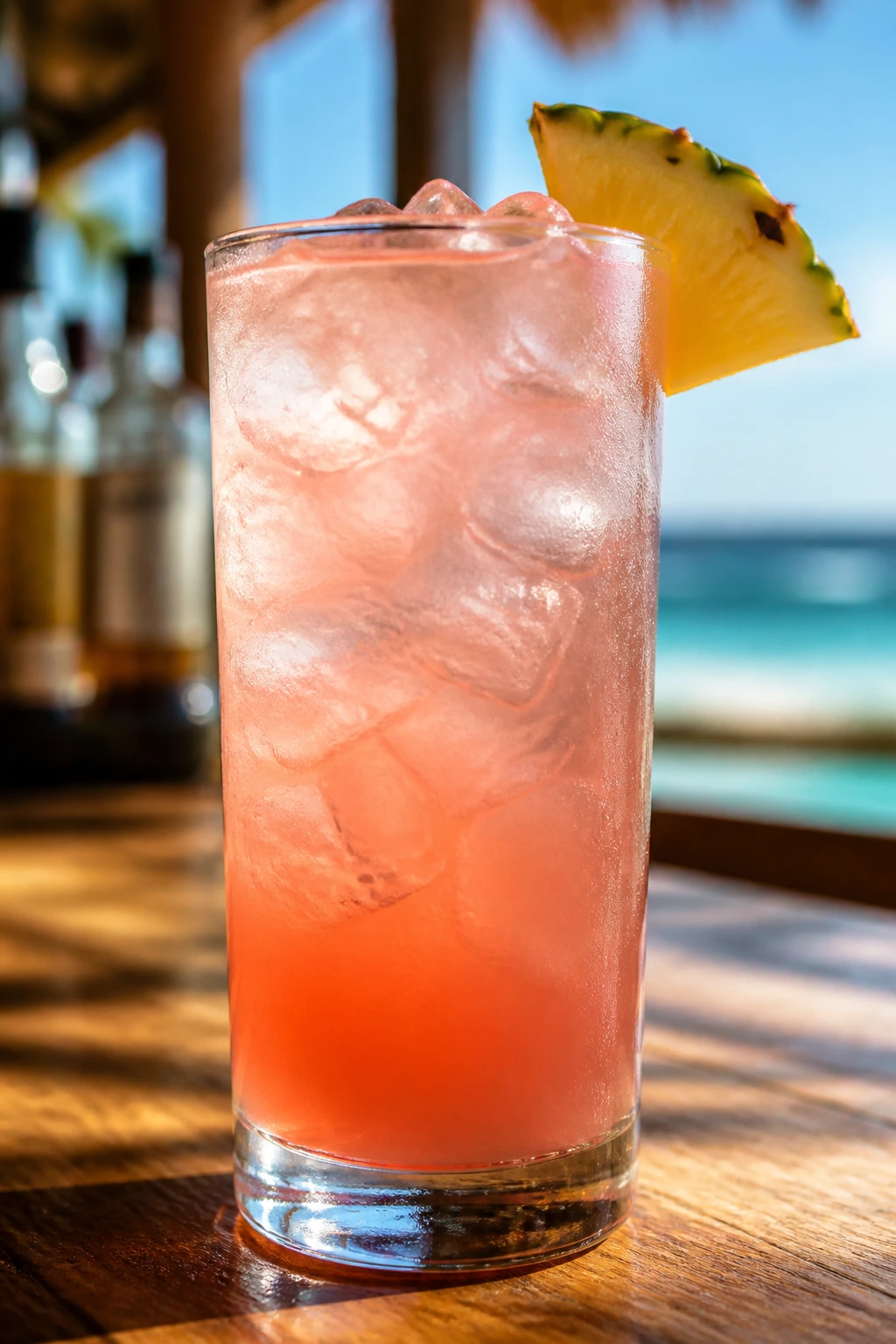 Close-up of a Malibu Breeze glass showing balanced pink coral color with visible ice