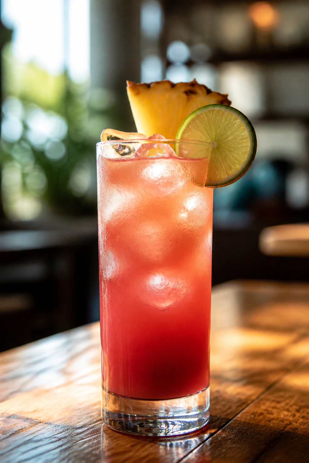 Malibu Breeze with pineapple garnish and lime wheel in a tall glass