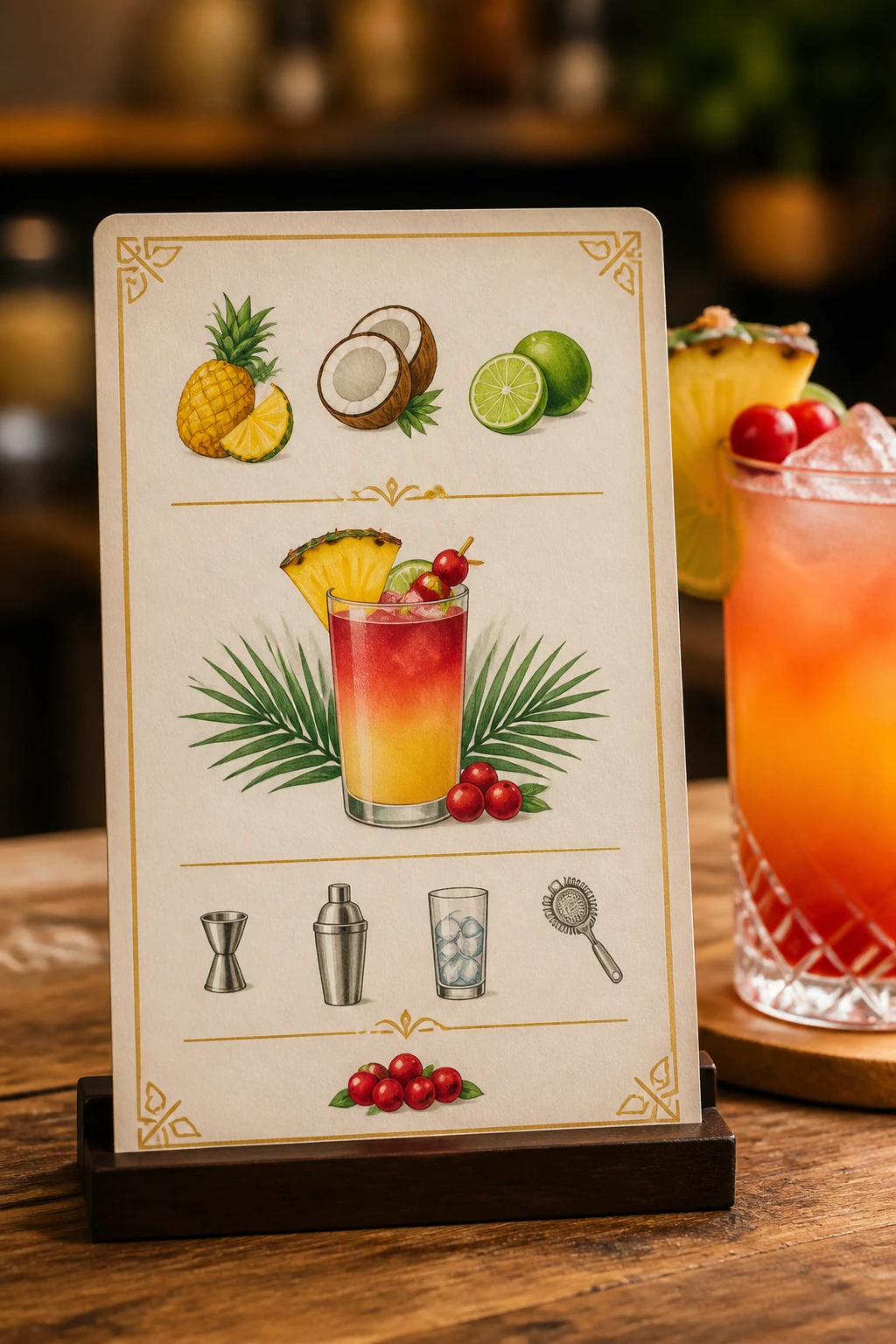 Recipe-card style image with drink icons and a Malibu Breeze