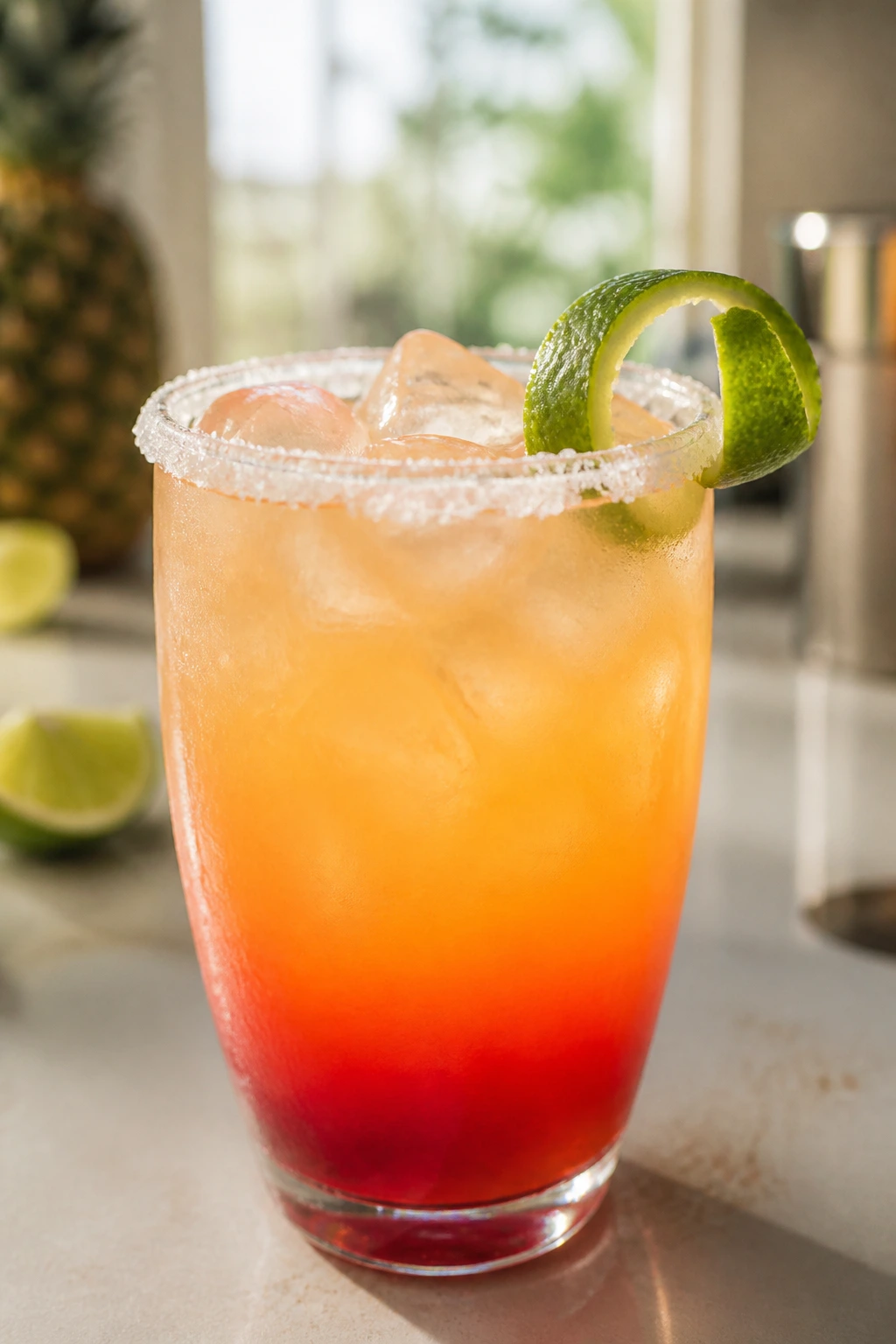 Malibu Breeze with salt rim and lime twist on bright kitchen counter
