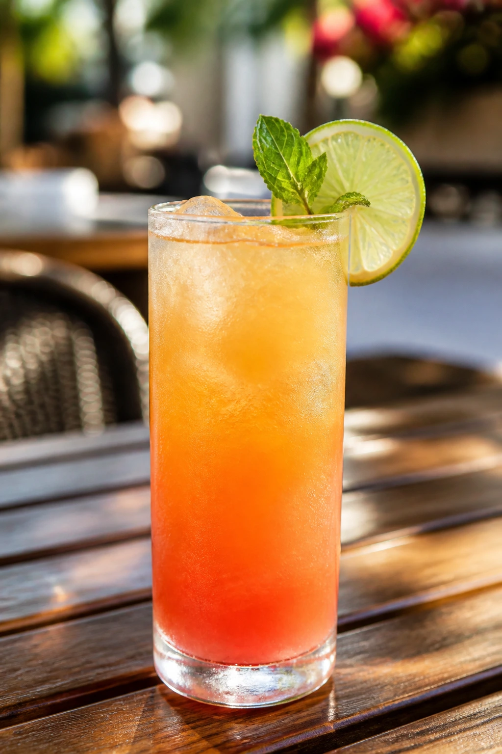Vibrant Malibu cocktail with lime garnish on a sunlit outdoor table