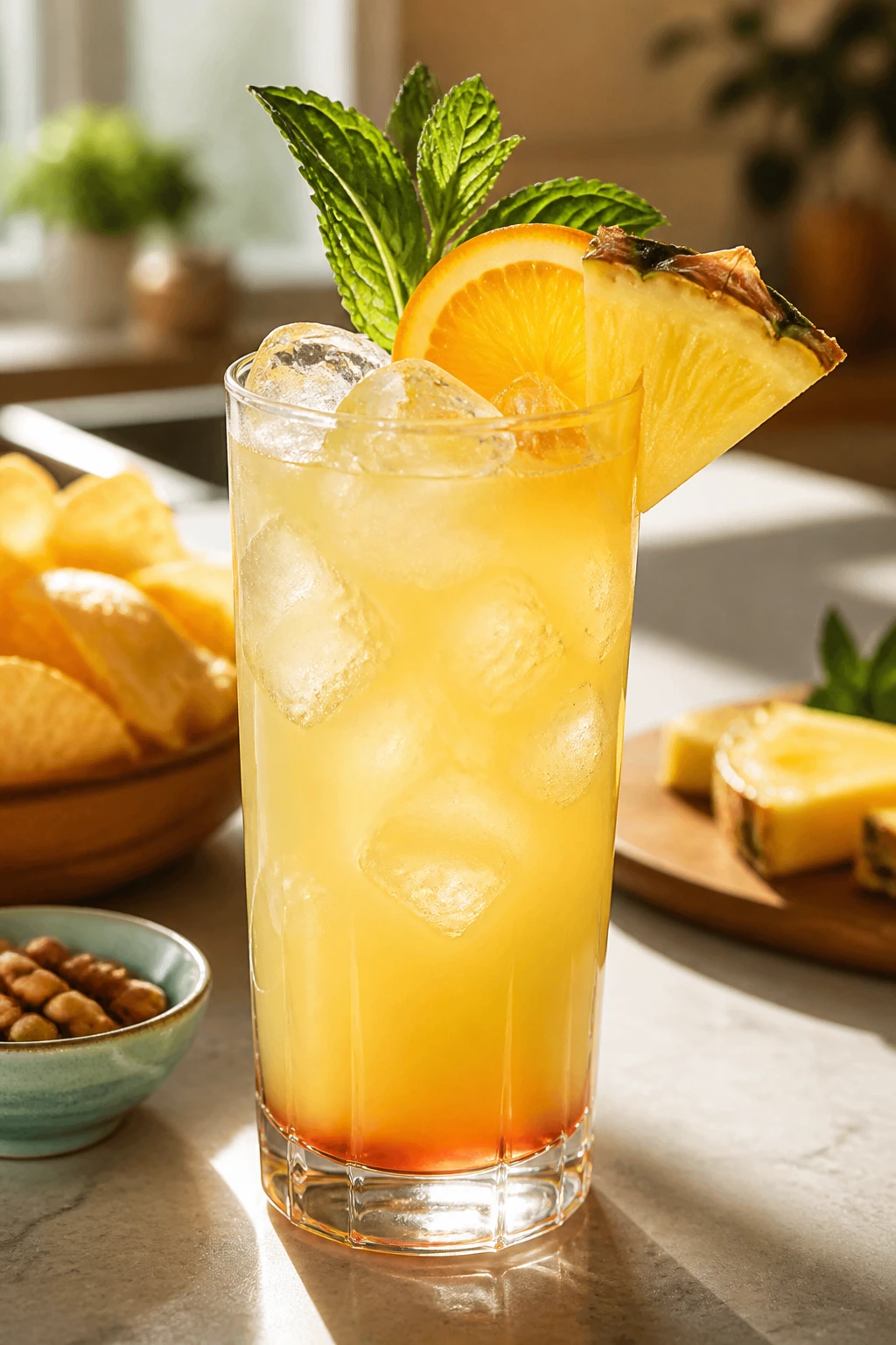 Close-up of tall Malibu cocktail with ice and pineapple-orange garnish in sunlit kitchen