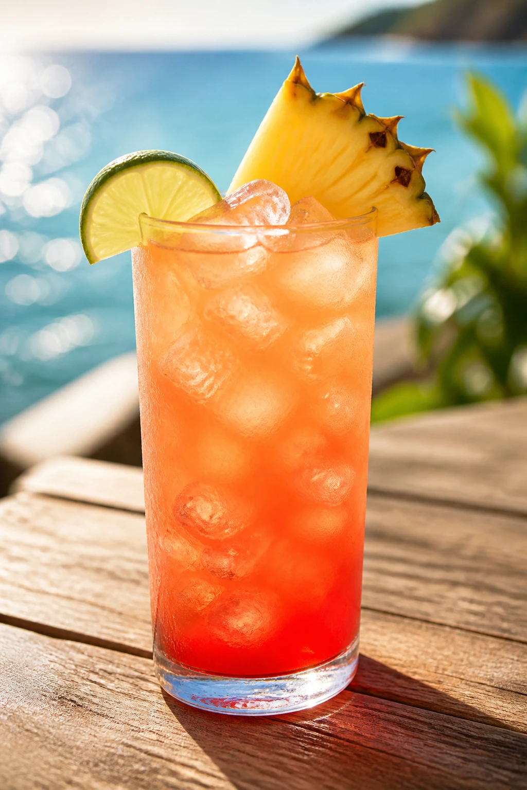 Close-up of a sunny Malibu cocktail in a highball glass with lime and pineapple garnish on a sunlit wooden table