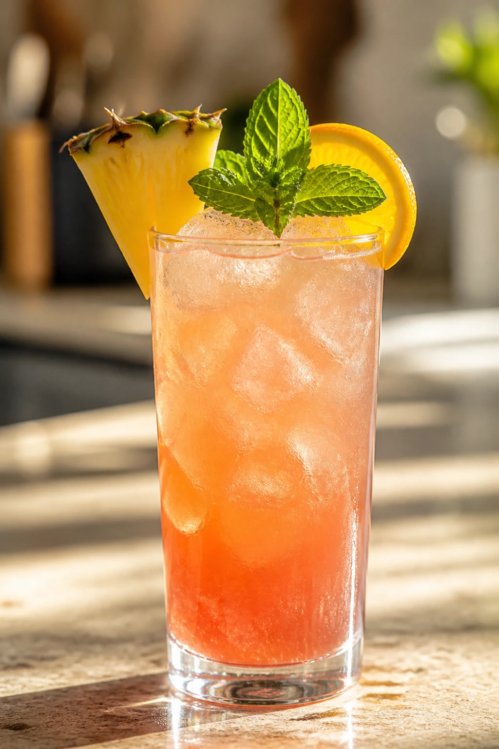 Close-up of Fruity Malibu Cocktail with pineapple and orange garnishes on a warm kitchen counter