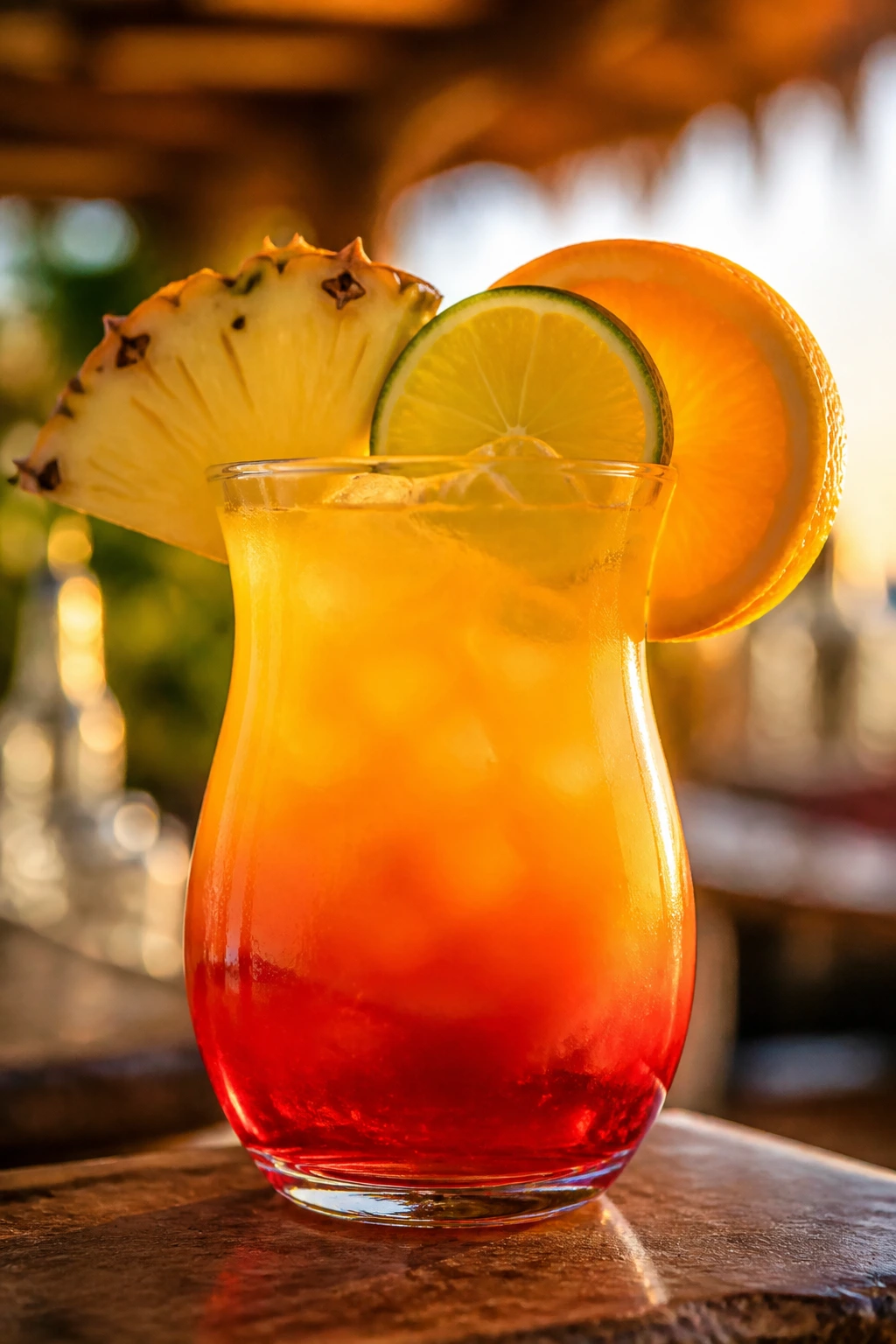 Malibu cocktail with pineapple, lime, and orange garnishes