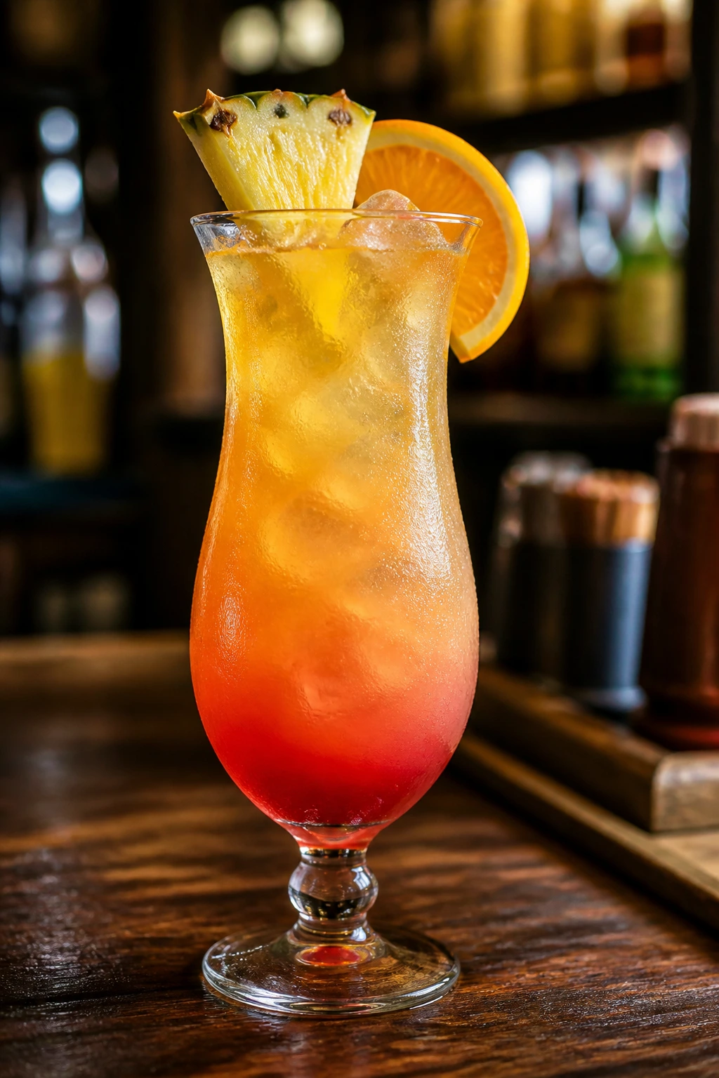 Close-up of a bright Malibu cocktail in a frosted glass with tropical garnishes on a wooden bar