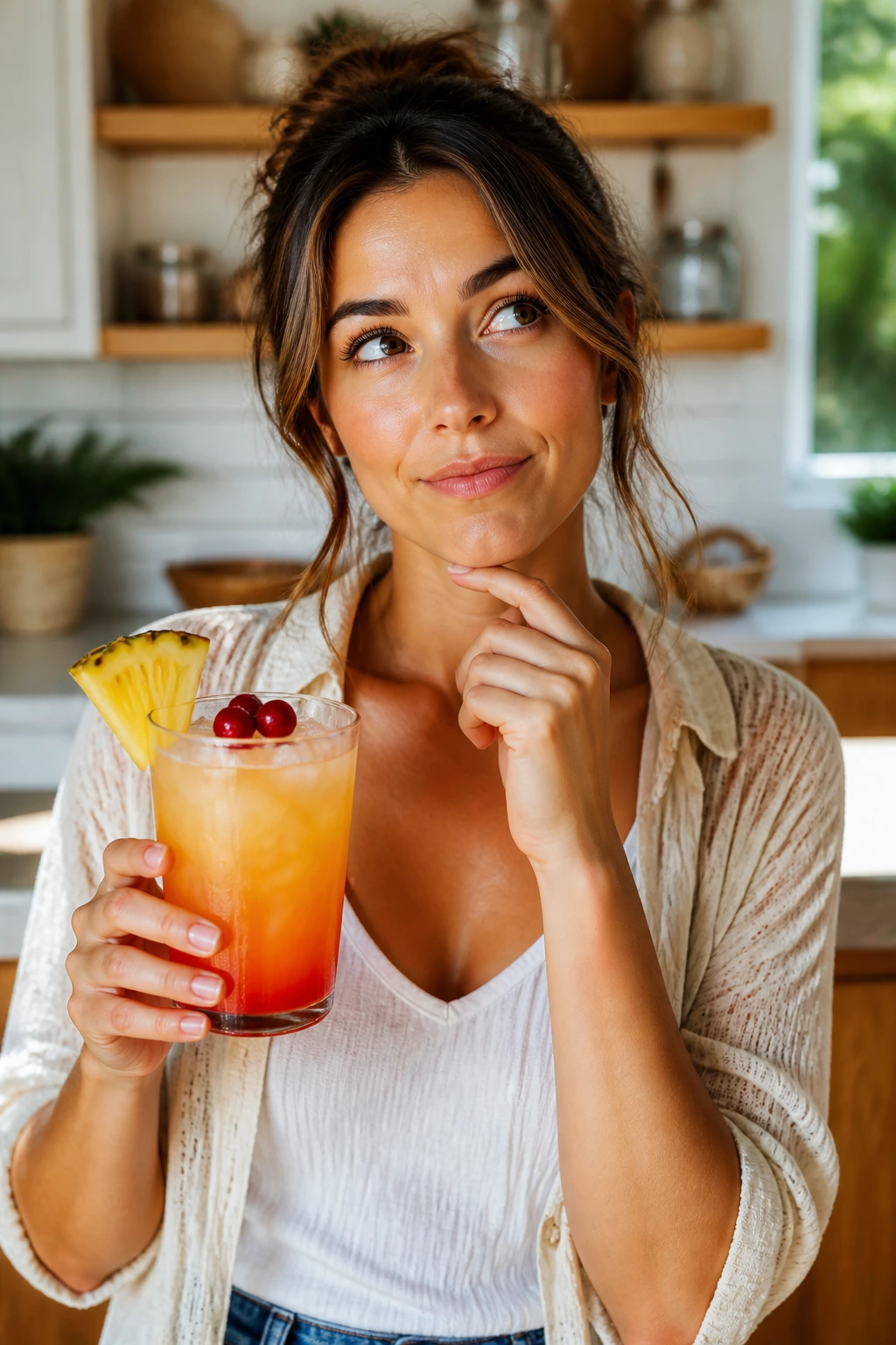 Real person with Malibu cocktail pondering questions in kitchen