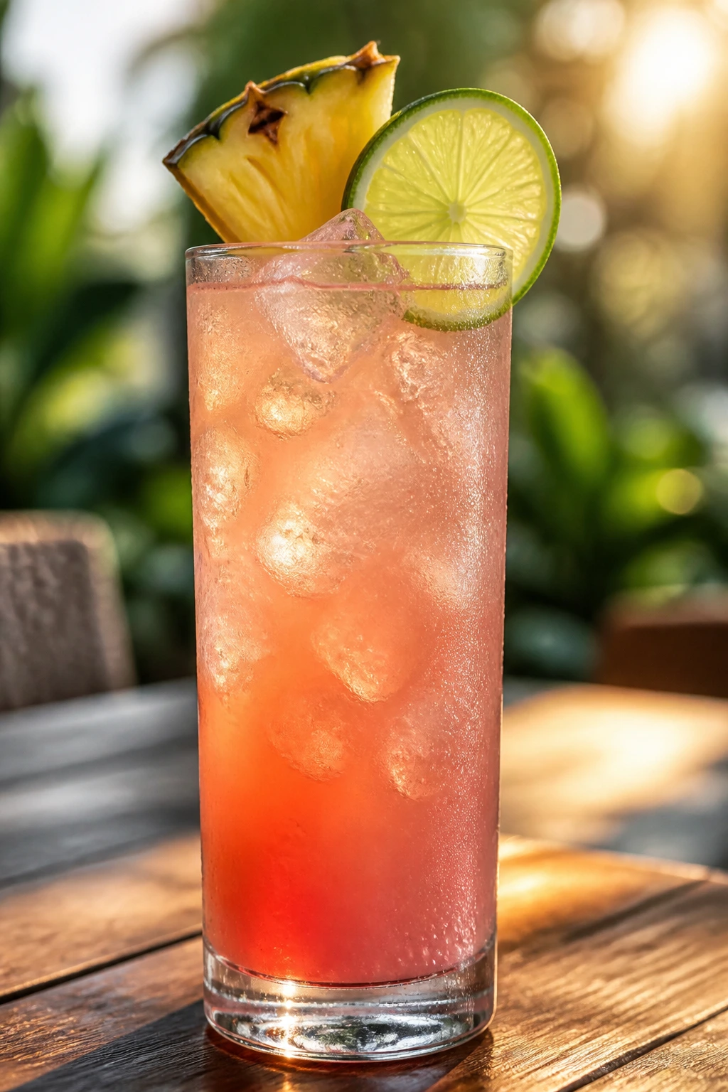 Close-up of Malibu Breeze cocktail on a sunlit patio with a rose-gold hue