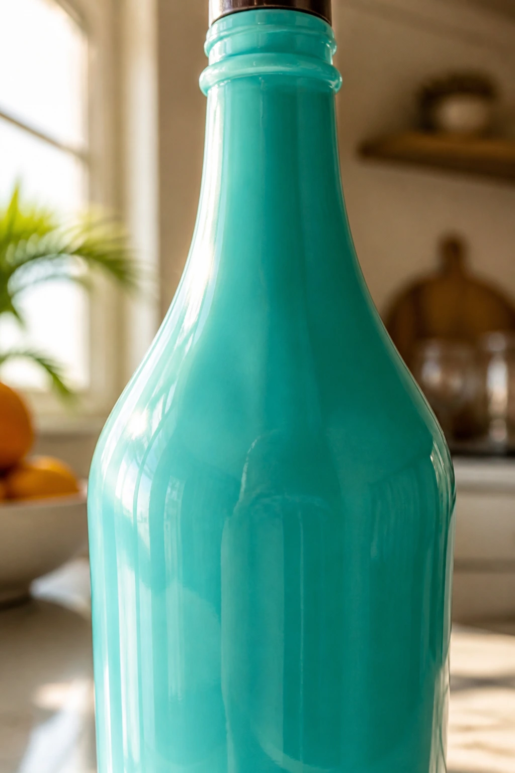 Close-up of a turquoise Malibu coconut rum bottle in a sunlit kitchen