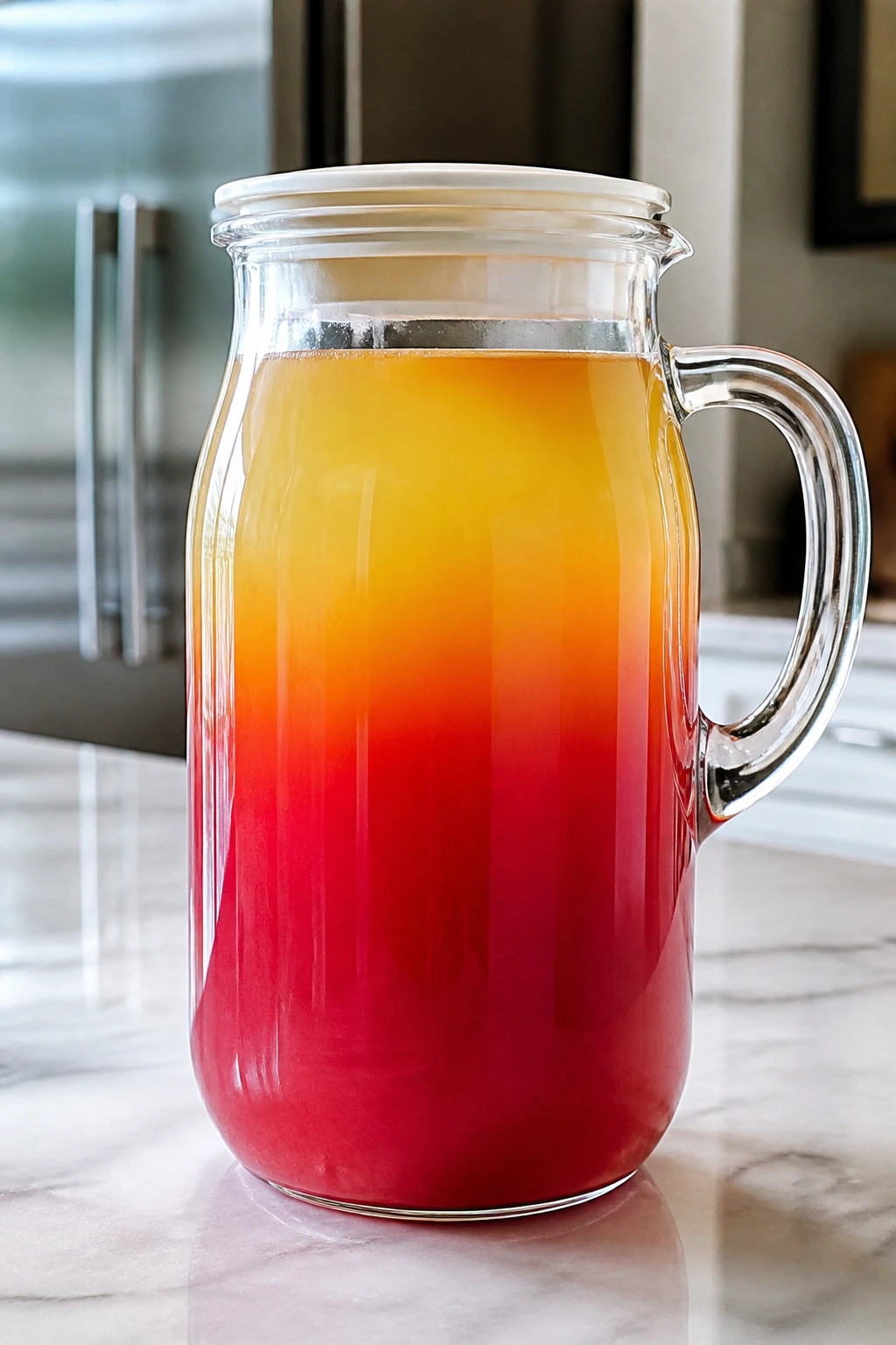 Pitcher with Malibu-based cocktail base in kitchen