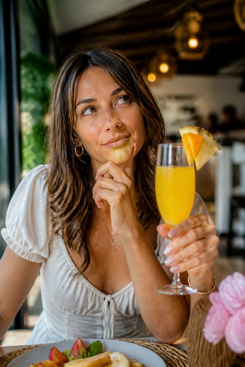 Thoughtful person with Malibu Mimosa at brunch