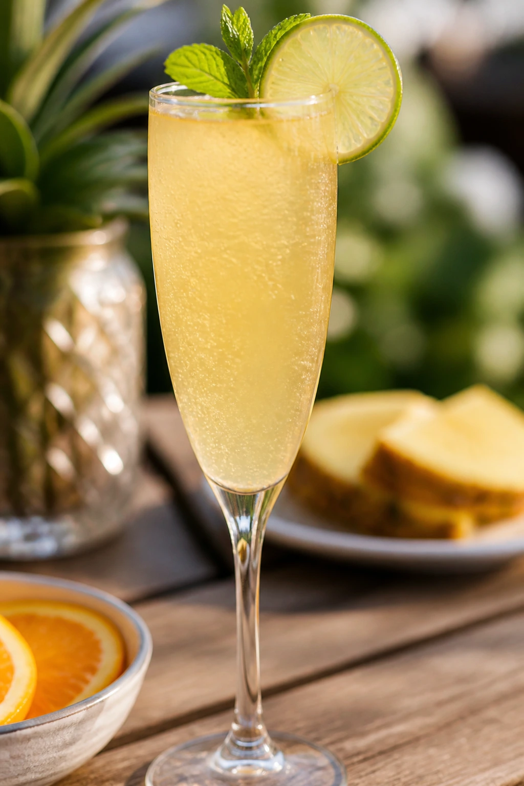 Close-up Malibu Mimosa with mint and lime garnish on sunlit brunch table