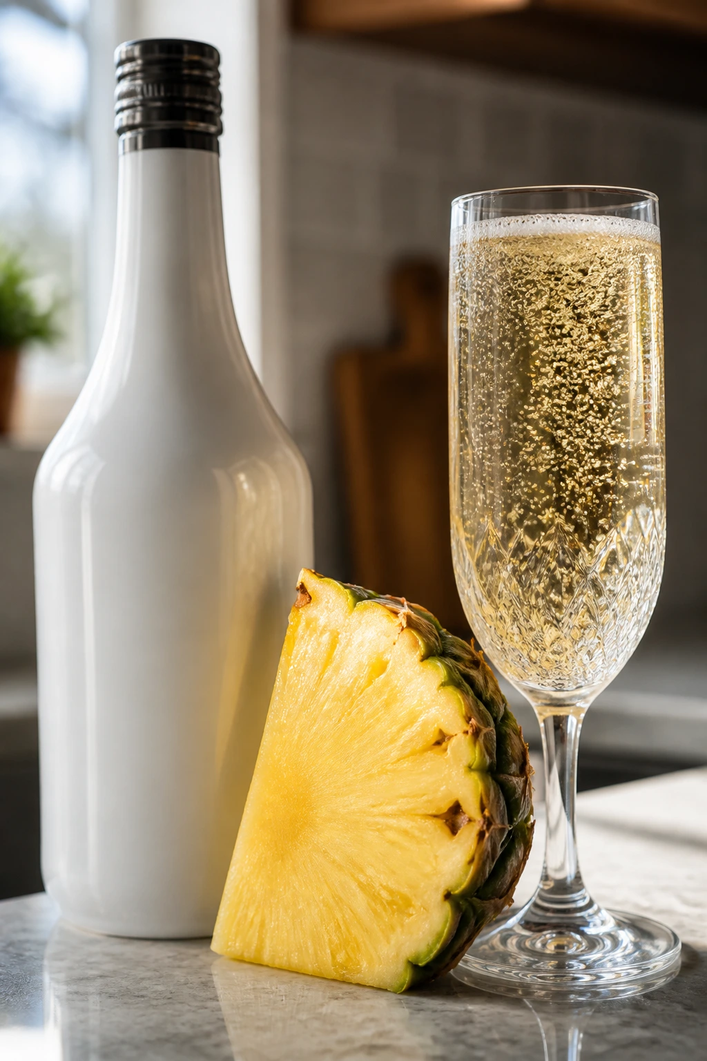 Silhouette bottle, pineapple wedge, and bubbly glass in a tight kitchen shot
