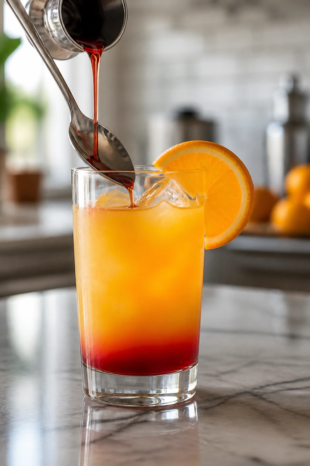 Slow pour creating layered Malibu Sunrise with careful technique.
