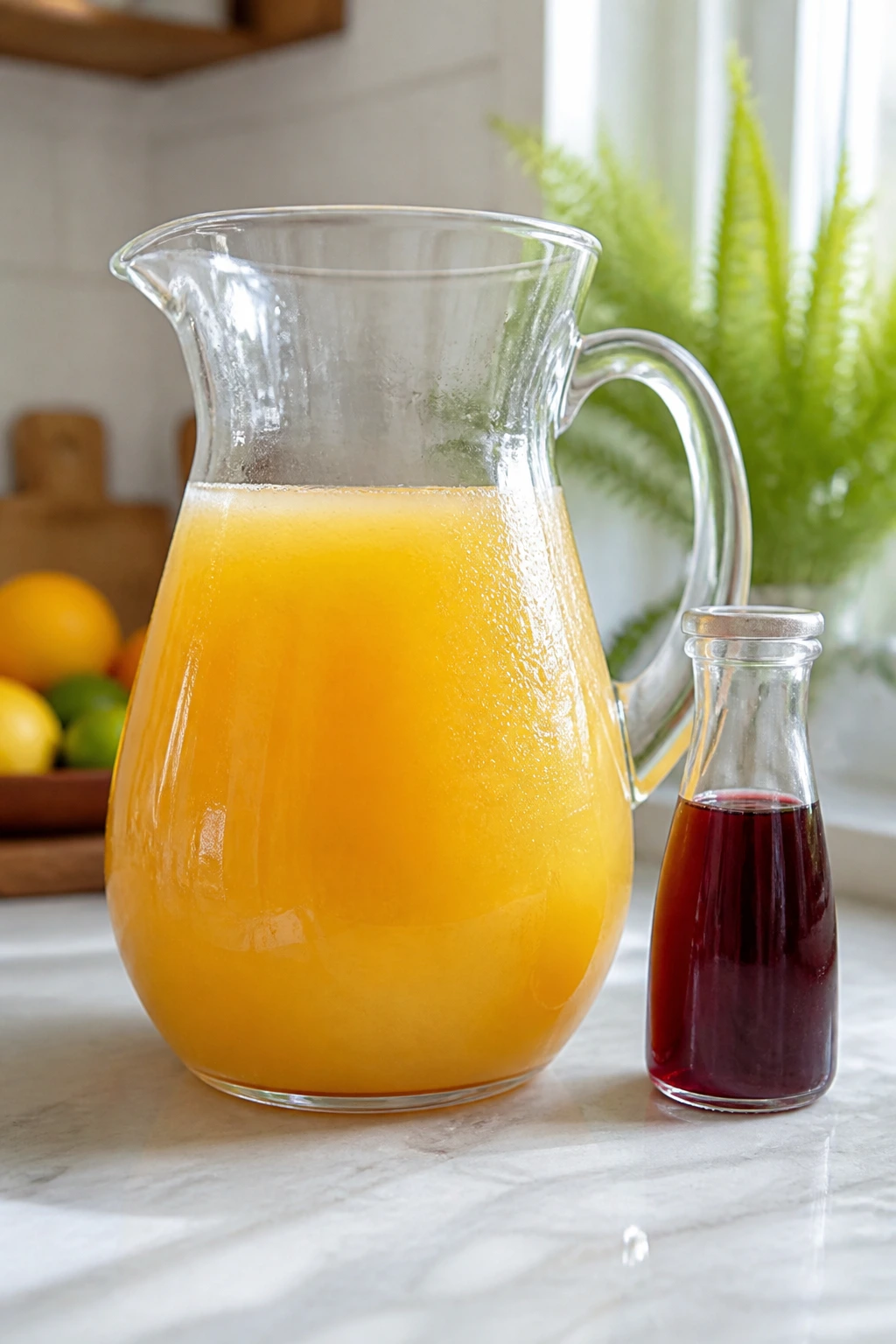 Pitcher of Malibu Sunrise base ready for batching with grenadine nearby.