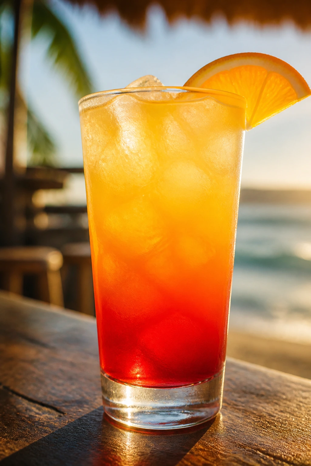 Layered Malibu Sunrise in a glass with red bottom and golden top at a beach bar