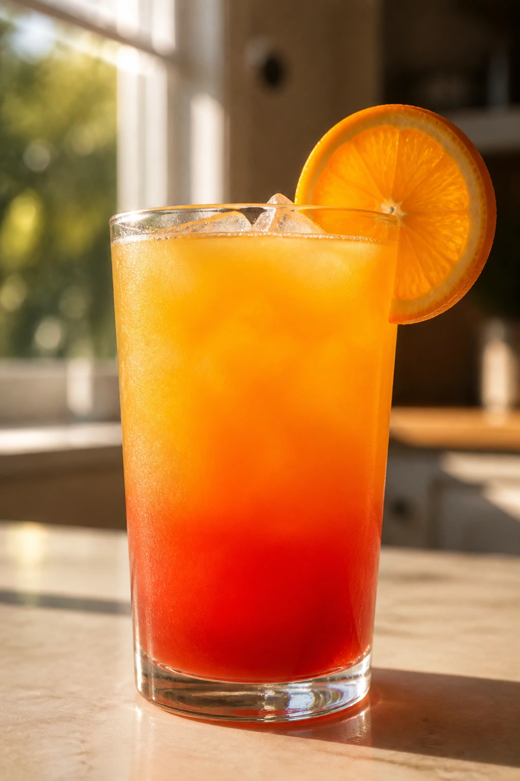Malibu Sunrise cocktail with layered red and orange hues on a sunlit counter