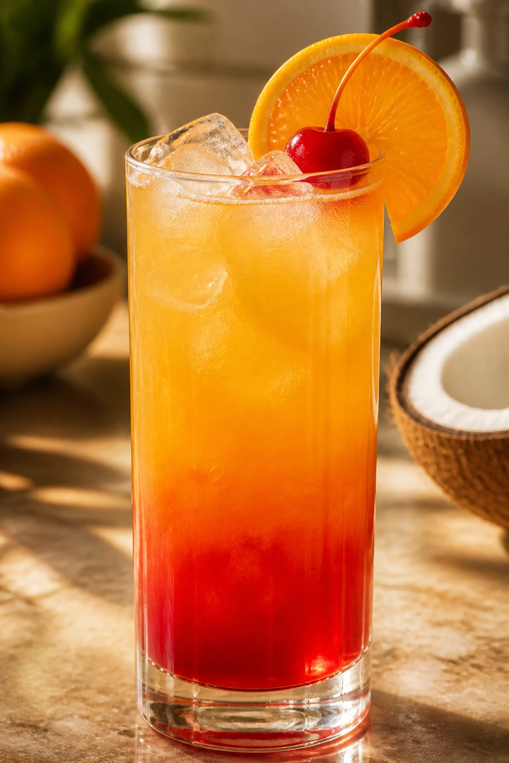 Close-up of Fruity Malibu Sunrise Cocktail in a highball glass with orange wheel garnish on a sunlit kitchen counter