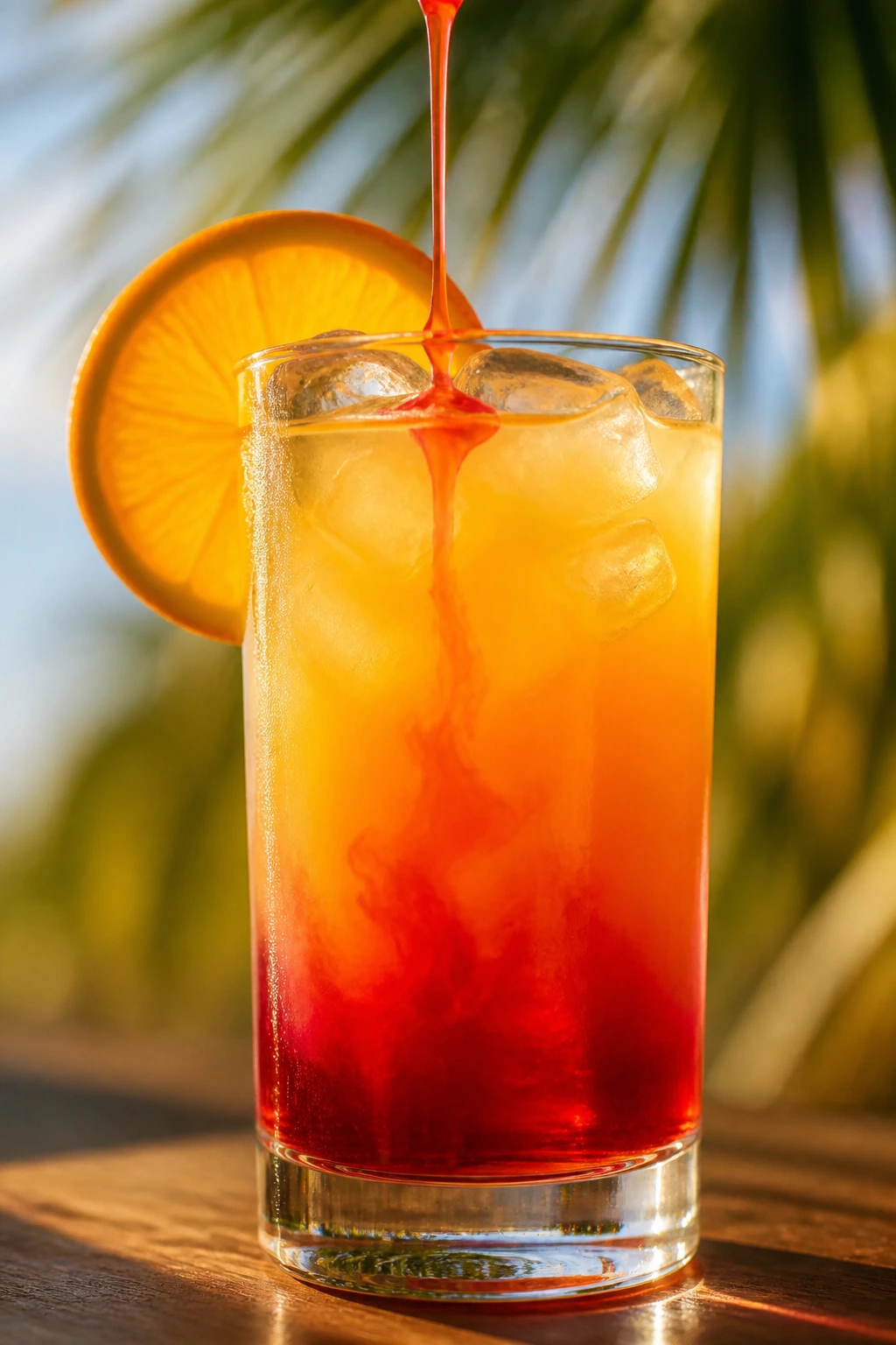 Close-up of a Malibu Sunrise cocktail in a highball glass with orange-to-red gradient, tropical sunlit background