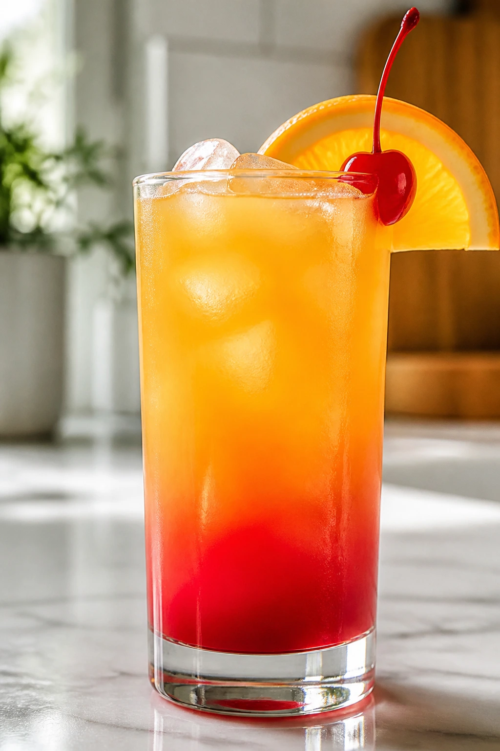 Malibu Sunrise cocktail with orange slice and cherry garnish on the rim