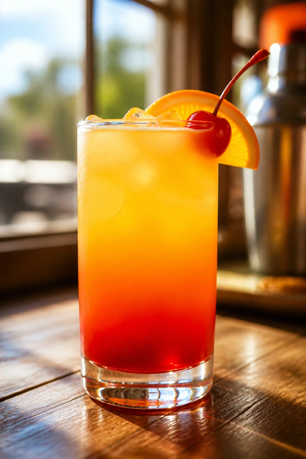Close-up of Malibu Sunrise cocktail with red-to-gold layers in a tall glass by a sunlit bar