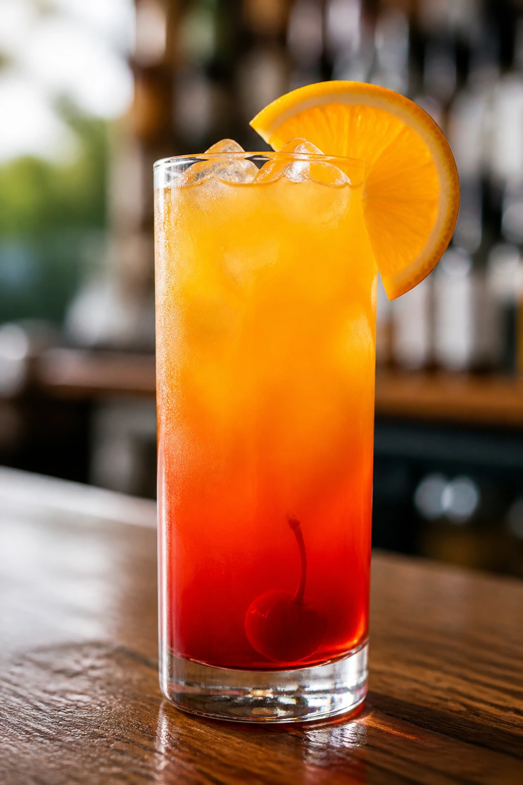 Close-up of a layered Malibu Sunrise in a tall highball glass showing orange body and red bottom with ice and garnish.