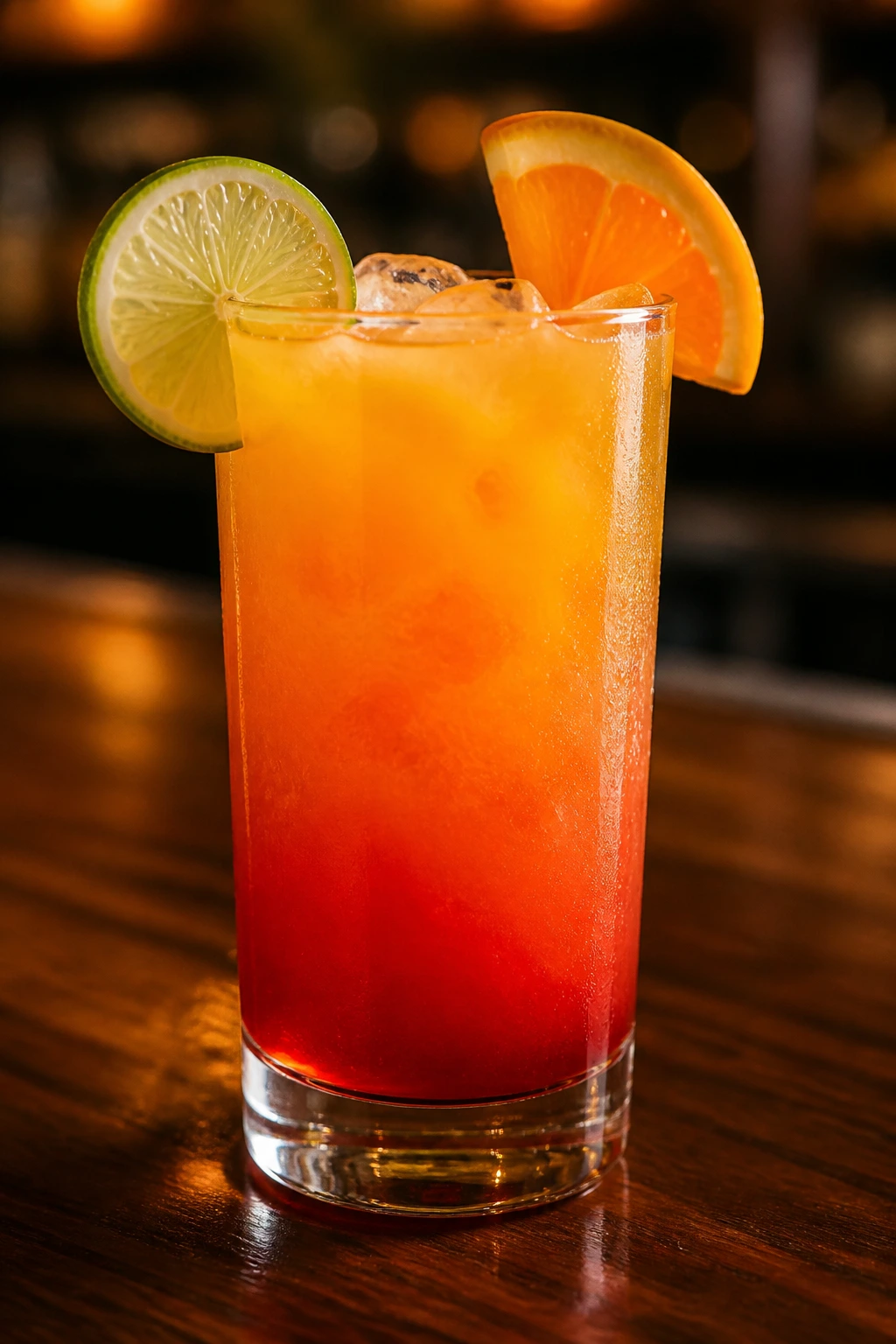 Malibu Sunrise with lime wedge and orange slice garnish