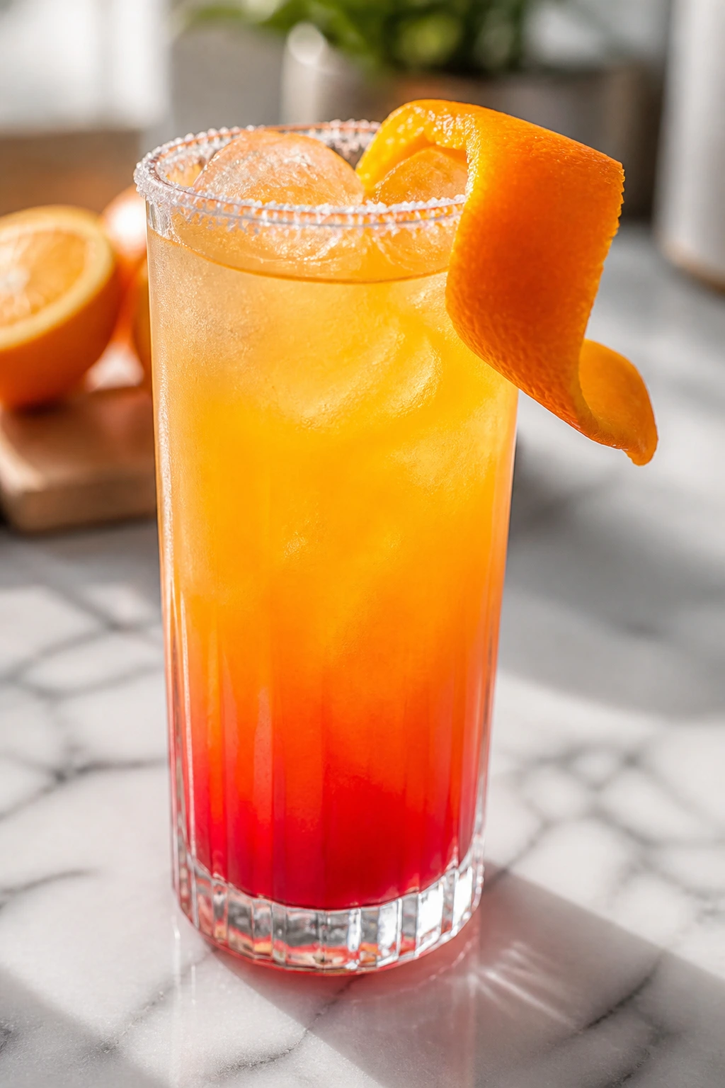 Close-up of Malibu Sunrise with orange twist garnish and salt rim on marble counter.
