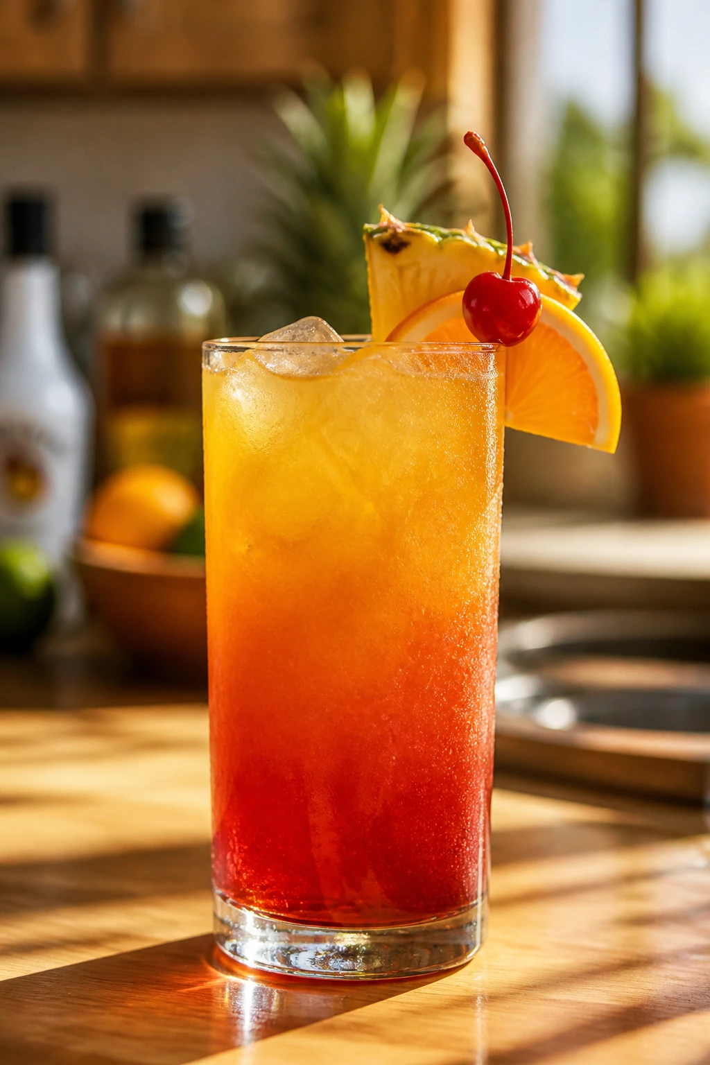 Close-up of Malibu Sunset in a tall glass with tropical garnish on a sunlit bar counter