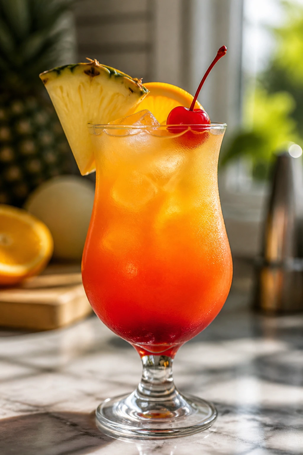 Glass of Malibu Sunset with pineapple, orange, and cherry garnish on a kitchen counter