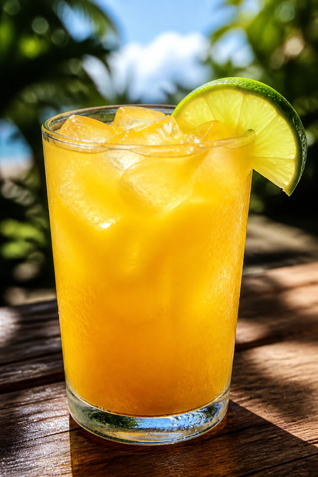 Glass of mango coconut agua fresca on a rustic picnic table outdoors